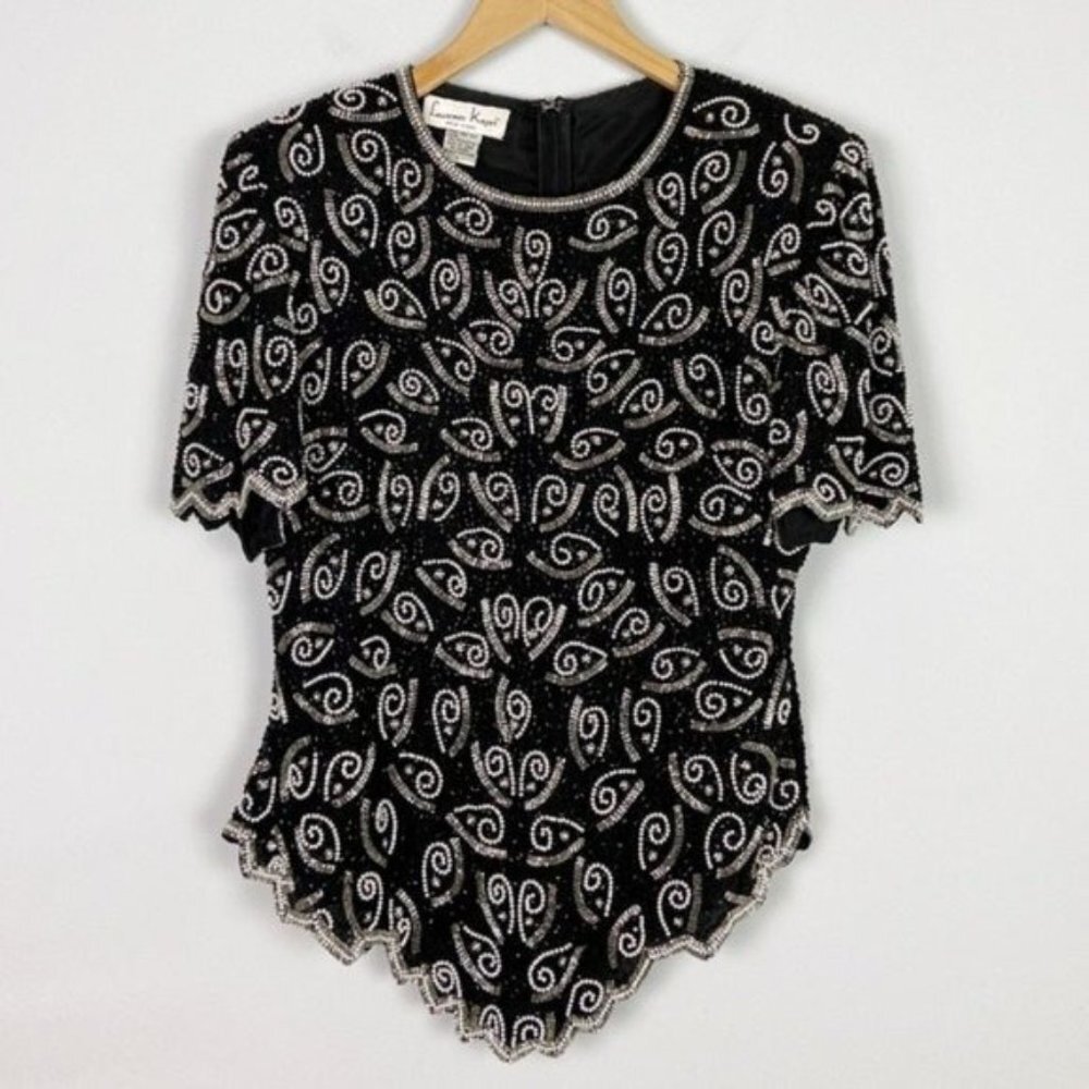 Vintage 80's Silk Black Beaded Asymmetrical Hem Blouse